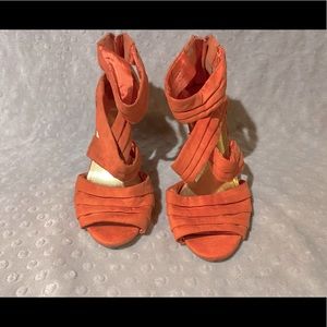 Coral/Orange,Brown Suede Heels, Size 8